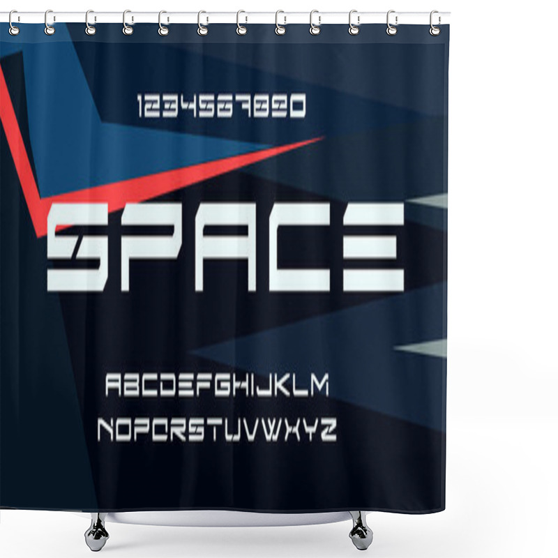 Personality  Geometric Futuristic Font. Wide Modular Strict Letters And Numbers For Science And Innovative Technology, Science Fiction Headline, Sport Monogram And Spaceship Logo. Minimalist Typographic Design. Shower Curtains