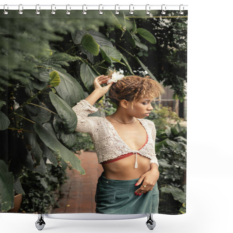 Personality  Fashionable Young African American Woman In Knitted Top And Skirt Touching Hair And Standing Near Green Foliage In Blurred Indoor Garden, Fashion-forward Lady In Tropical Oasis Shower Curtains