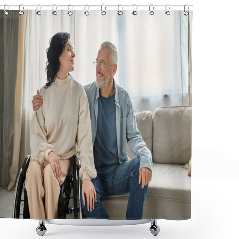 Personality  A Disabled Woman In A Wheelchair Engages In Conversation With A Man In The Living Room. Shower Curtains