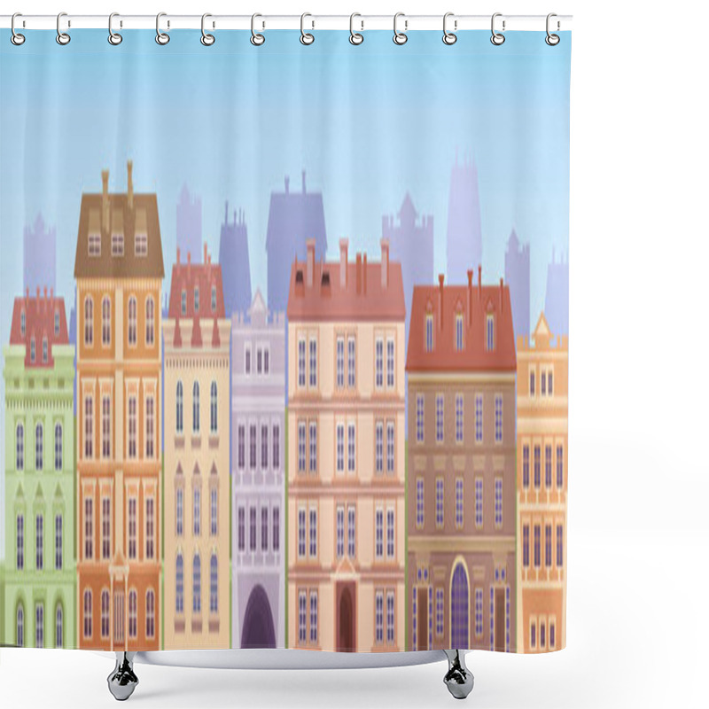 Personality  Cartoon Houses Buildings Old Town View Banner Skyline Shower Curtains