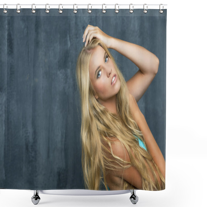 Personality  Portrait Of A Beautiful Blonde Girl With Luxuriant Hair Shower Curtains