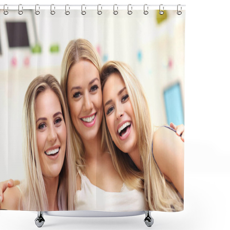 Personality  Three Beautiful Young Women Chilling At Home Shower Curtains