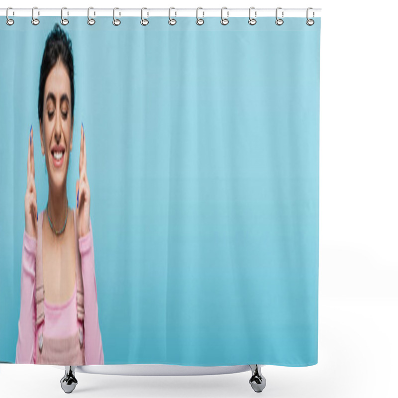 Personality  Positive Woman With Crossed Fingers And Closed Eyes Isolated On Blue, Banner Shower Curtains