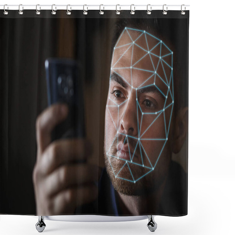 Personality  Bearded Man With Smartphone Using Face ID Recognition System Shower Curtains