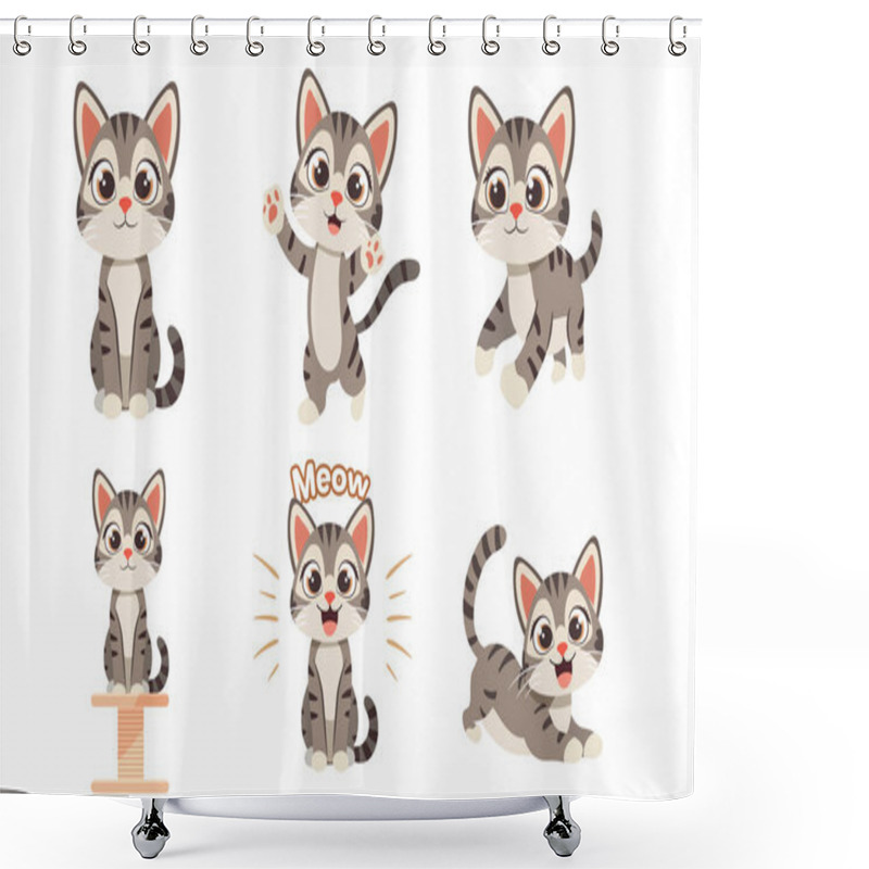 Personality  Collection Of Cute Gray Tabby Cats In Diverse Poses And Expressions Shower Curtains