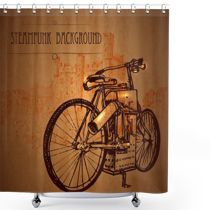 Personality  Retro Bike. Bicycle In Steampunk Style. Steampunk Style Frame Steampunk Background Shower Curtains