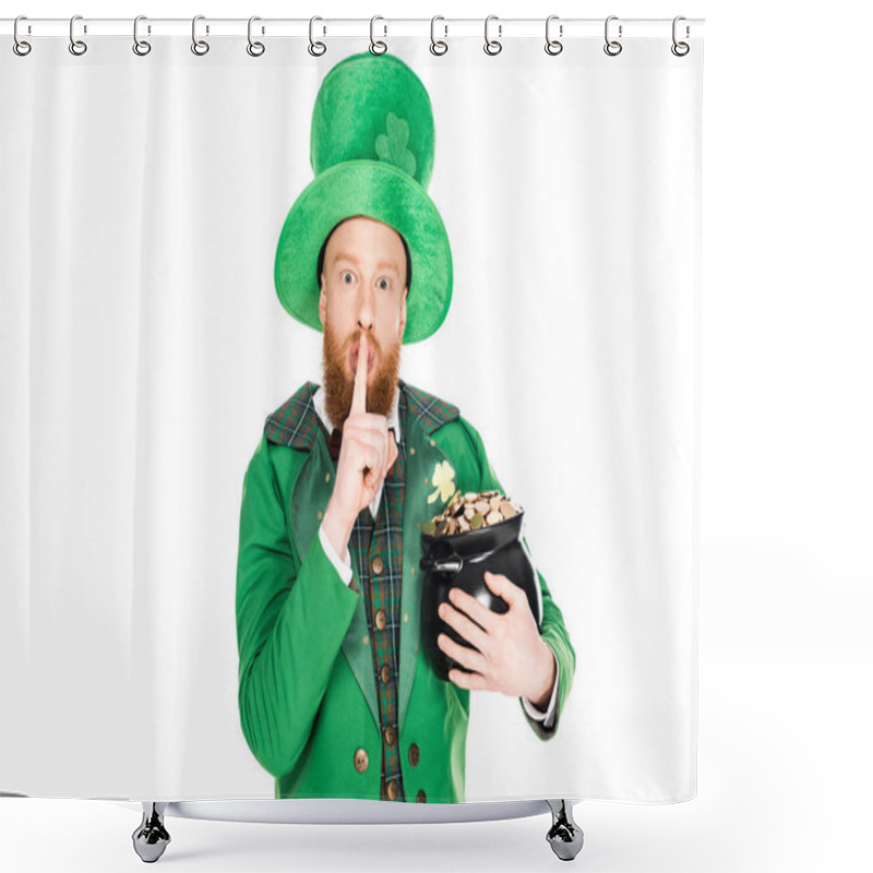 Personality  Leprechaun With Pot Of Gold Showing Silence Symbol, Isolated On White Shower Curtains