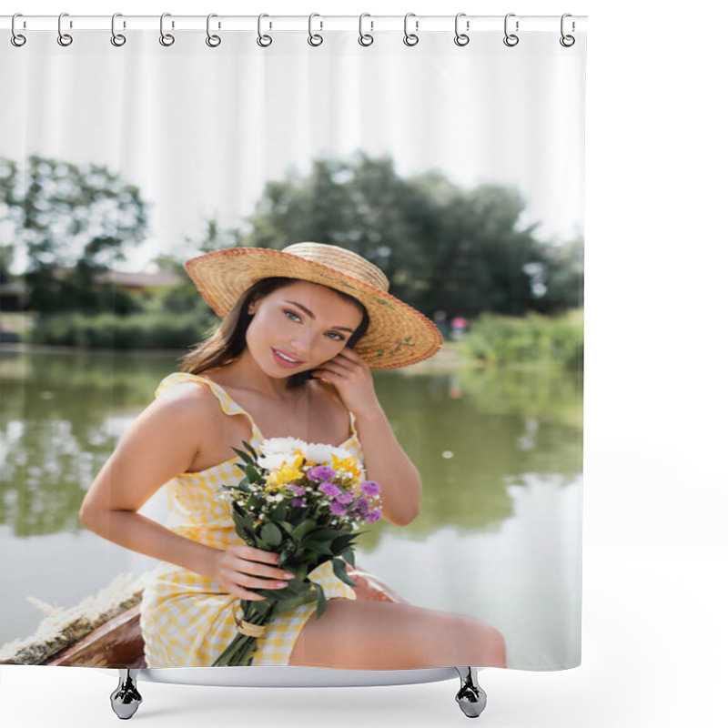 Personality  Pretty Young Woman In Straw Hat And Dress Holding Flowers While Sitting Near Lake Shower Curtains