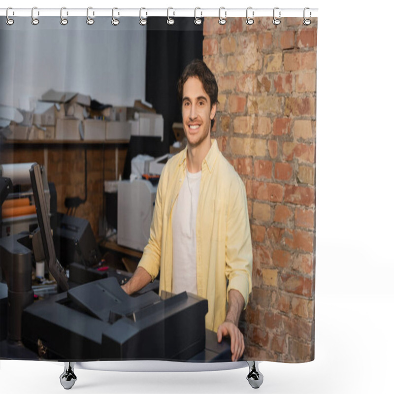 Personality  Happy Man In Yellow Shirt Standing Near Professional Equipment In Print Center Shower Curtains