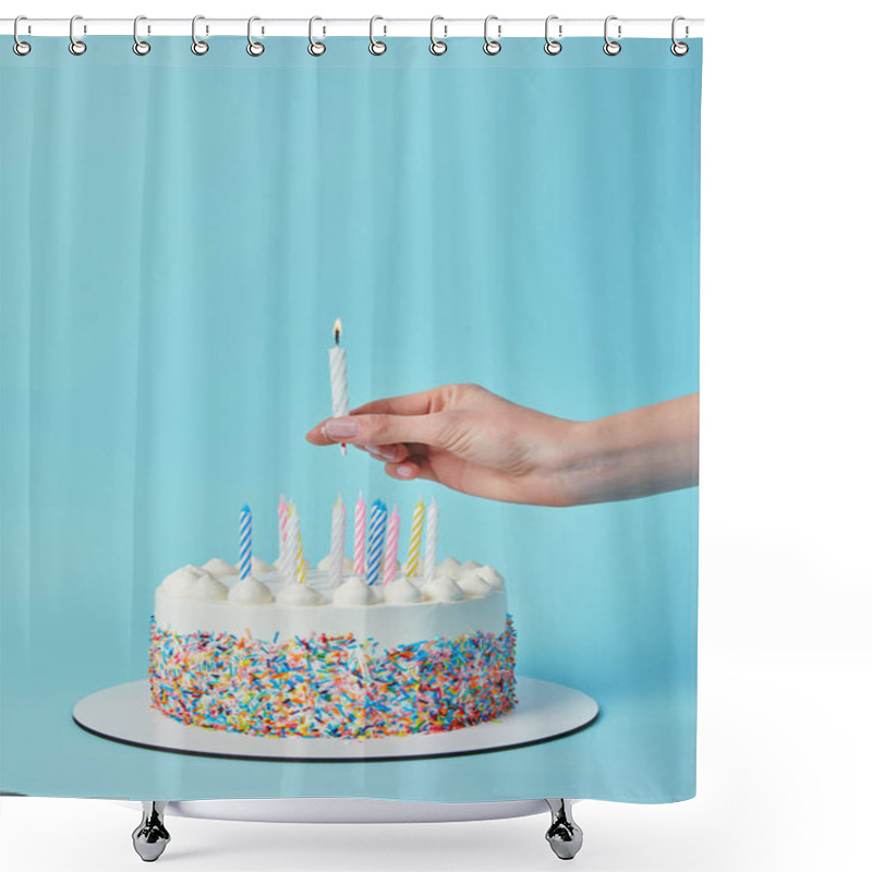 Personality  Partial View Of Woman Putting Lighting Candle On Birthday Cake On Blue Background Shower Curtains