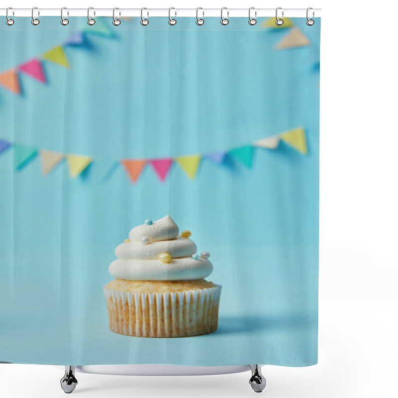 Personality  Delicious Cupcake With Sugar Sprinkles On Blue Background With Bunting Shower Curtains