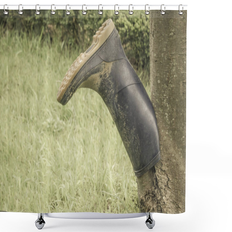 Personality  Dirty Rubber Boot On A Background Of Grass, Field. The Decline Of The Village, Agriculture. Muted Tones, Vignetting. Shower Curtains