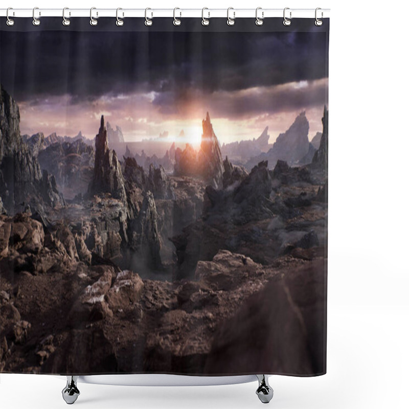 Personality  The Mystical Dark World Of Rocks. Cinematic View. 3d Render Shower Curtains