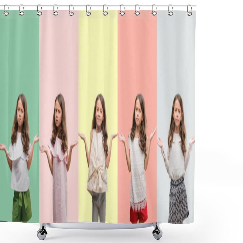 Personality  Collage Of Brunette Hispanic Girl Wearing Different Outfits Clueless And Confused Expression With Arms And Hands Raised. Doubt Concept. Shower Curtains