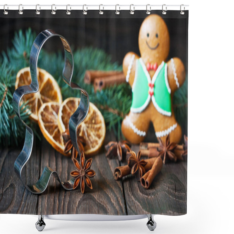 Personality  Christmas Composition With Gingerbread  Little Man, Cookie  Cutter And  Spices, Selective Focus With Shallow Depth Of Field Shower Curtains