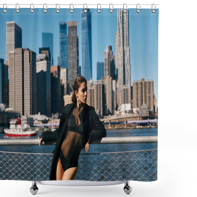 Personality  A Woman Dances In Front Of The New York City Skyline. Shower Curtains