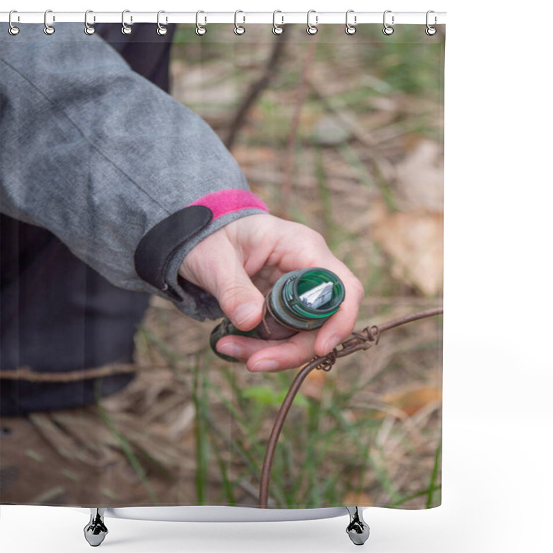 Personality  Geocaching Container In Hand. Woman  Removes List From Locating Ampoule For Geocatching  Game. Shower Curtains