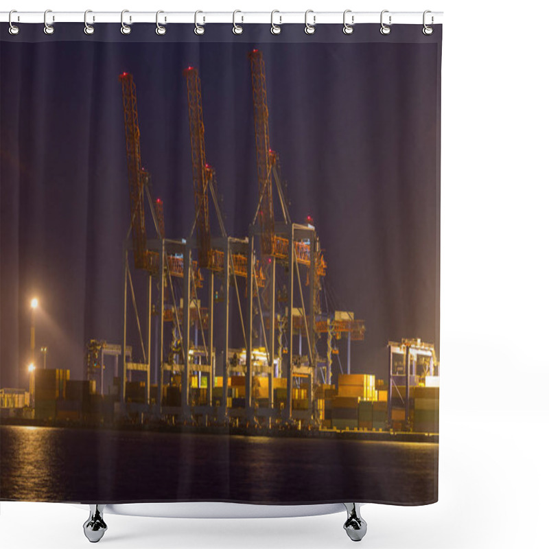 Personality  Industrial Port With Containers At Night Time. Container Terminal Of Industrial Port In Night. Shower Curtains