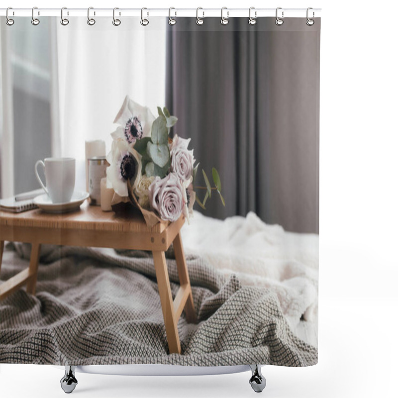 Personality  Romantic Morning. Wooden Coffee Table With Flowers On Bed With Plaid, Coffee Cup, Flowers And Candles. Lilac Roses With Eucalyptus And Anemones. Interior Gray Tones. High Quality Photo Shower Curtains