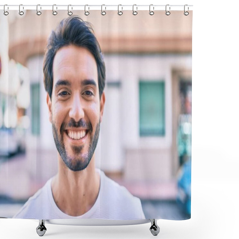 Personality  Young Hispanic Man Smiling Happy Walking At The City. Shower Curtains