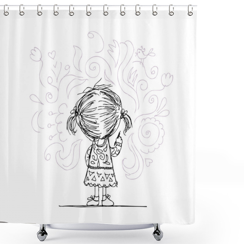 Personality  Girl Draws Flowers On The Wall, Sketch For Your Design Shower Curtains