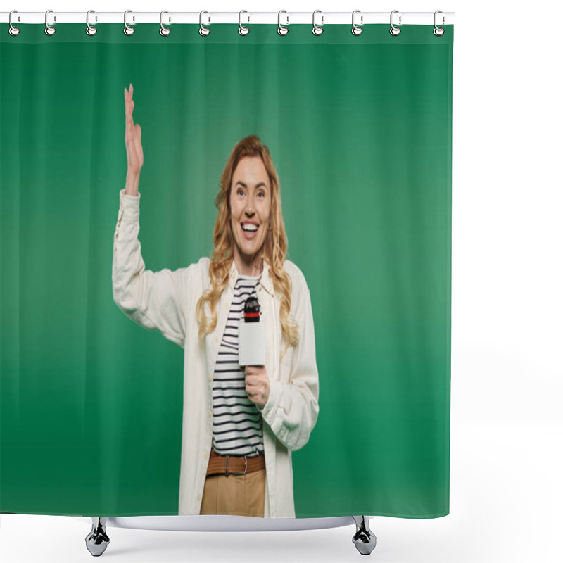 Personality  A Cheerful Woman With Curly Hair Greets With A Wave While Holding A Cup, Set Against A Bright Green Backdrop. Shower Curtains