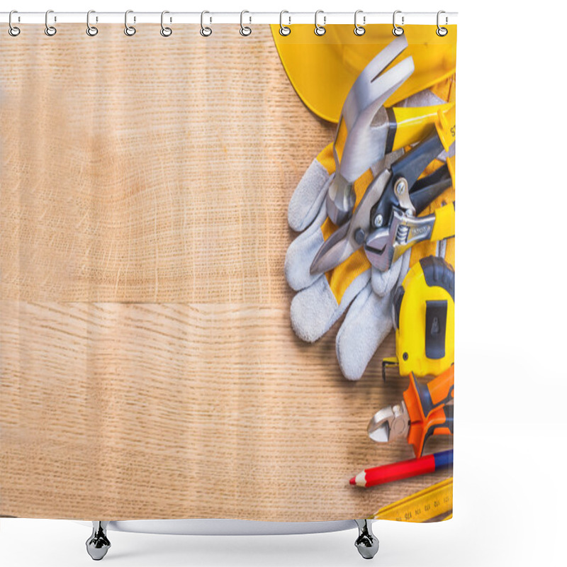 Personality  Big Set Of Tools On Wooden Board Shower Curtains