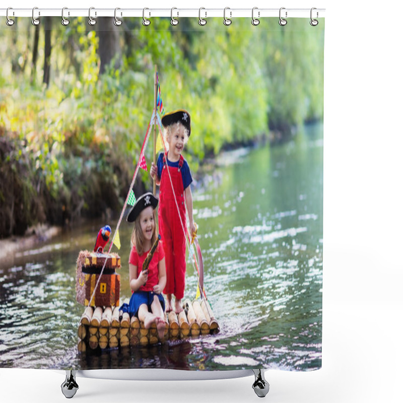 Personality  Kids Playing Pirate Adventure On Wooden Raft Shower Curtains