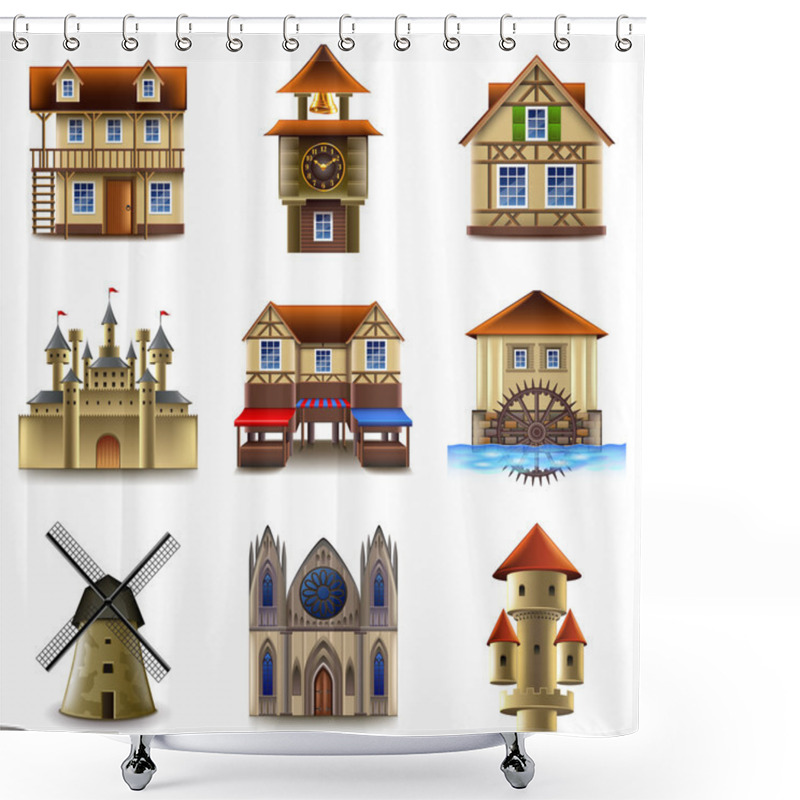 Personality  Medieval Buildings Icons Vector Set Shower Curtains