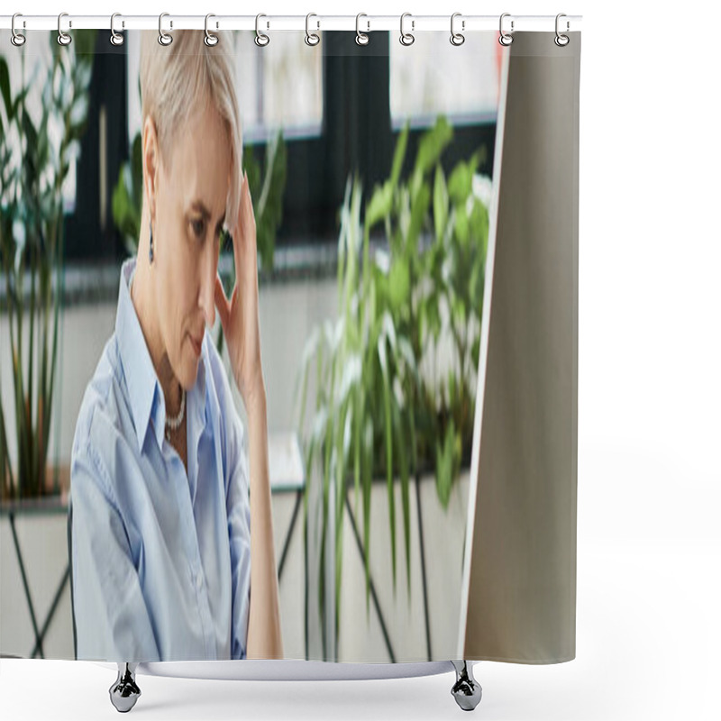 Personality  Middle-aged Businesswoman Sitting At Computer Desk, Holding Head In Discomfort During Menopause Symptoms. Shower Curtains