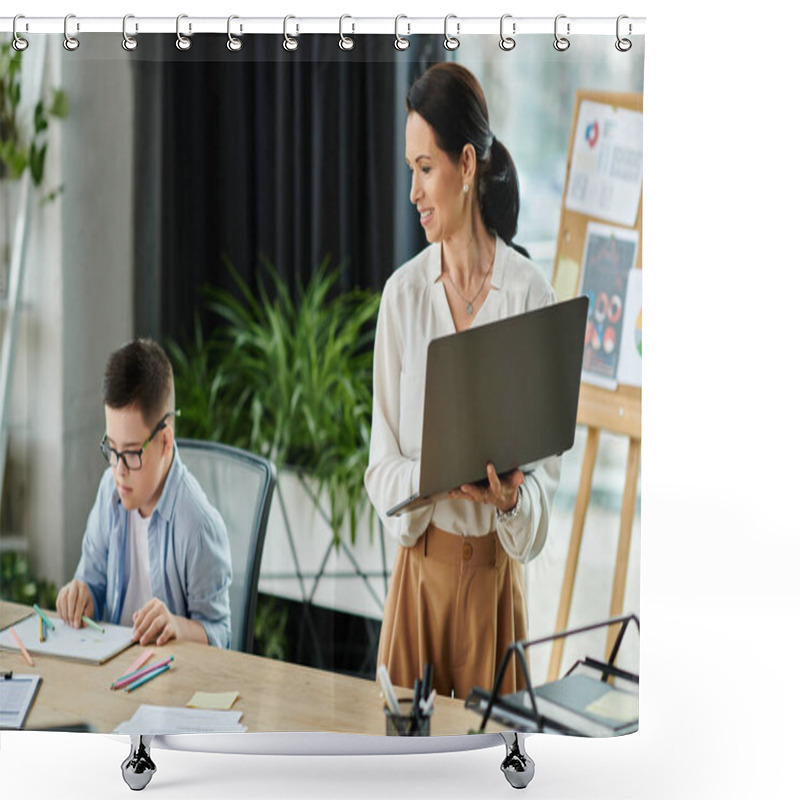 Personality  A Mother Works On Her Laptop In Her Office, While Her Son With Down Syndrome Sits At A Table Drawing. Shower Curtains