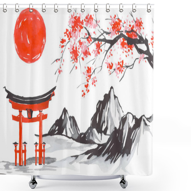 Personality  Japan Traditional Sumi-e Painting. Fuji Mountain, Sakura, Sunset. Japan Sun. Indian Ink Vector Illustration. Japanese Picture. Shower Curtains