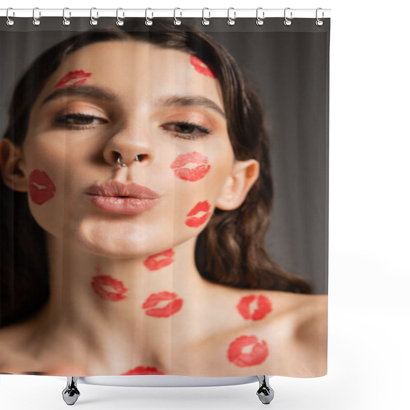 Personality  Portrait Of Pretty Woman With Makeup And Red Kiss Prints Pouting Lips While Looking At Camera Isolated On Grey Shower Curtains