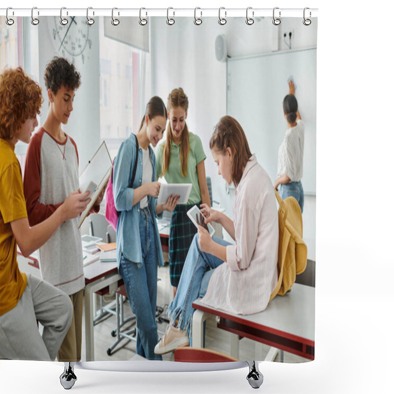 Personality  Cheerful Teenage Pupils Using Devices Near African America Teacher At Background In Classroom Shower Curtains