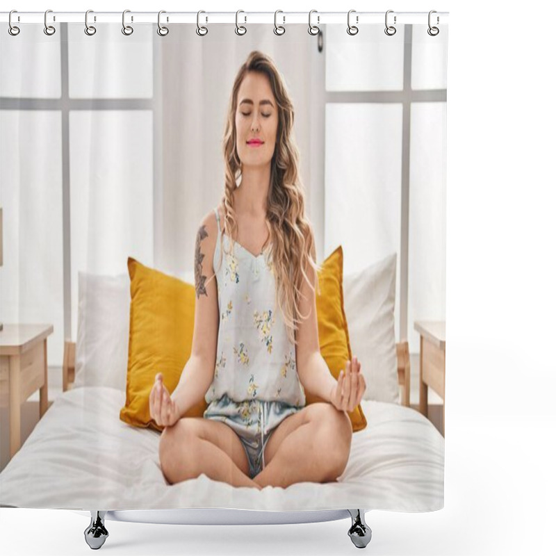 Personality  Young Woman Sitting On Bed Meditating At Bedroom Shower Curtains