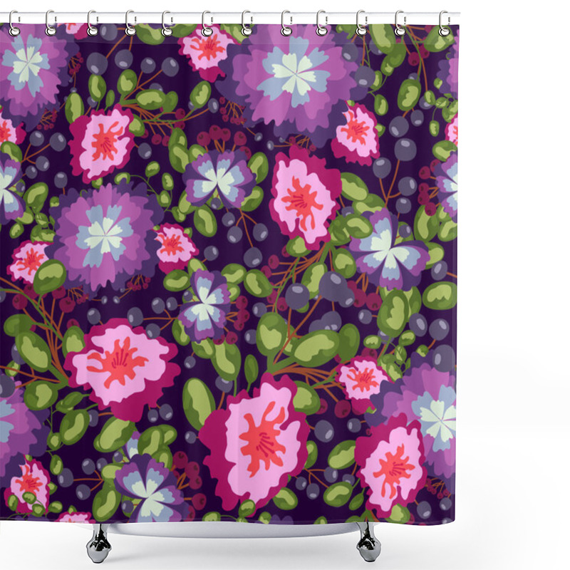 Personality  Seamless Pattern Of Small Bouquets Pink And Blue Flowers , Violet Berries Green Leaves. Vector Print On  Background. Shower Curtains