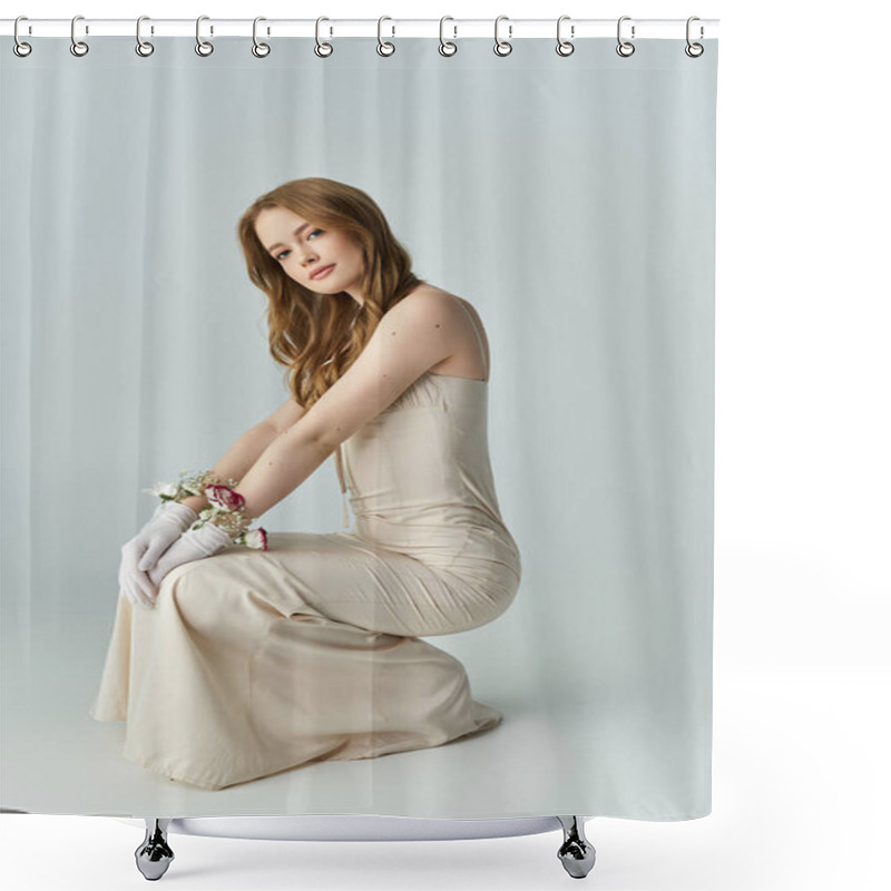 Personality  A Lovely Young Woman Kneels Elegantly, Adorned With Flowers And Soft Lighting. Shower Curtains