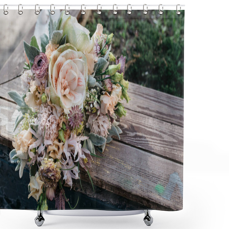 Personality  Bouquet With Amarilis With Silk Ribbon On A Dark Background Shower Curtains