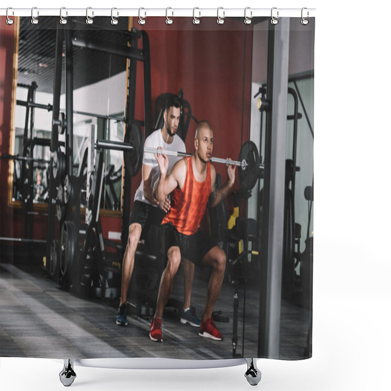 Personality  Attentive Trainer Supporting Young African American Sportsman Lifting Barbell Shower Curtains