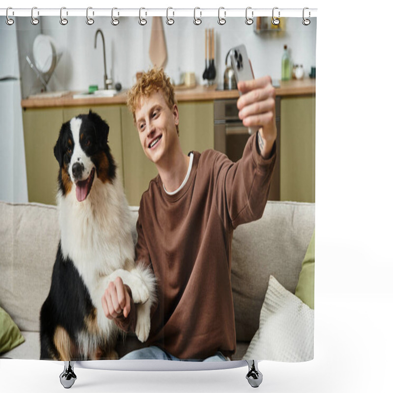 Personality  A Young Redhead Man Enjoys A Cozy Moment With His Australian Shepherd In Their Modern Apartment. Shower Curtains