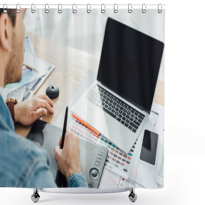 Personality  Selective Focus Of Ux Designer Using Laptop And Graphics Tablet Near Sketches And Smartphone On Table Shower Curtains