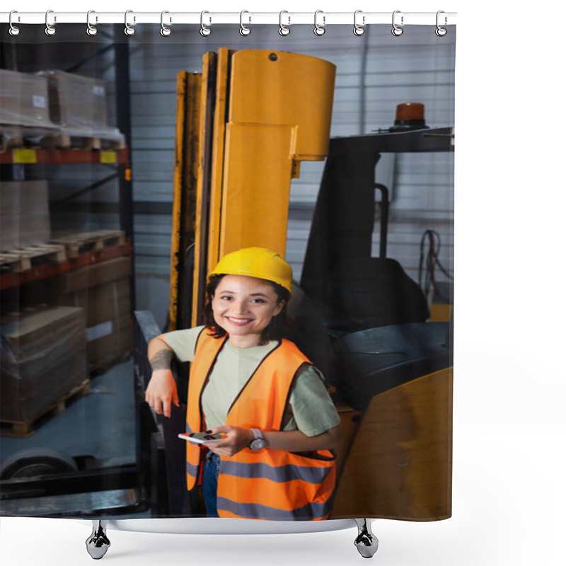 Personality  Happy Female Warehouse Worker In Hard Hat And Safety Vest Holding Smartphone Near Forklift, Cargo Shower Curtains