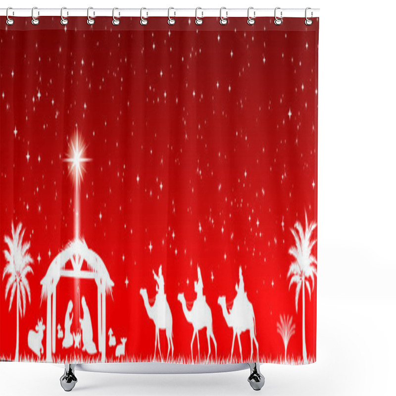 Personality  Scene Of The Nativity Of Jesus Christ On A Red Background. Baby Jesus, Mary And Joseph. Sages On Camels With Gifts For A Born Baby. A Bright Star Shines In The Sky. Christmas Night. Shower Curtains