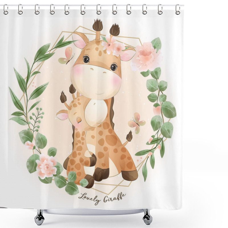 Personality  Cute Doodle Giraffe With Floral Illustration Shower Curtains