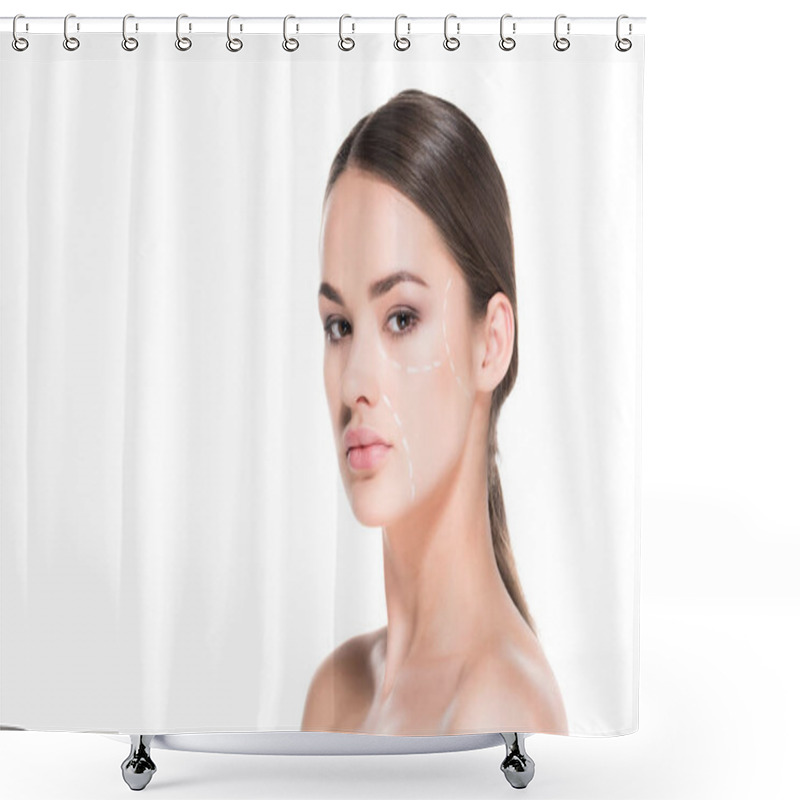 Personality  Attractive Young Woman With Dotted Line Drawn On Face For Plastic Surgery Isolated On White Shower Curtains