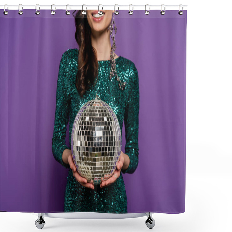 Personality  Cropped View Of Happy Young Woman In Dress Holding Disco Ball On Purple  Shower Curtains