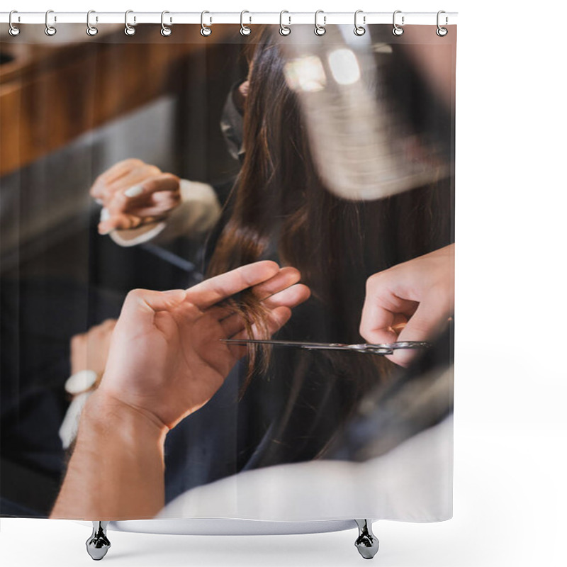 Personality  Woman Showing Little Bit Gesture Near Hairdresser Cutting Her Hair On Blurred Background Shower Curtains