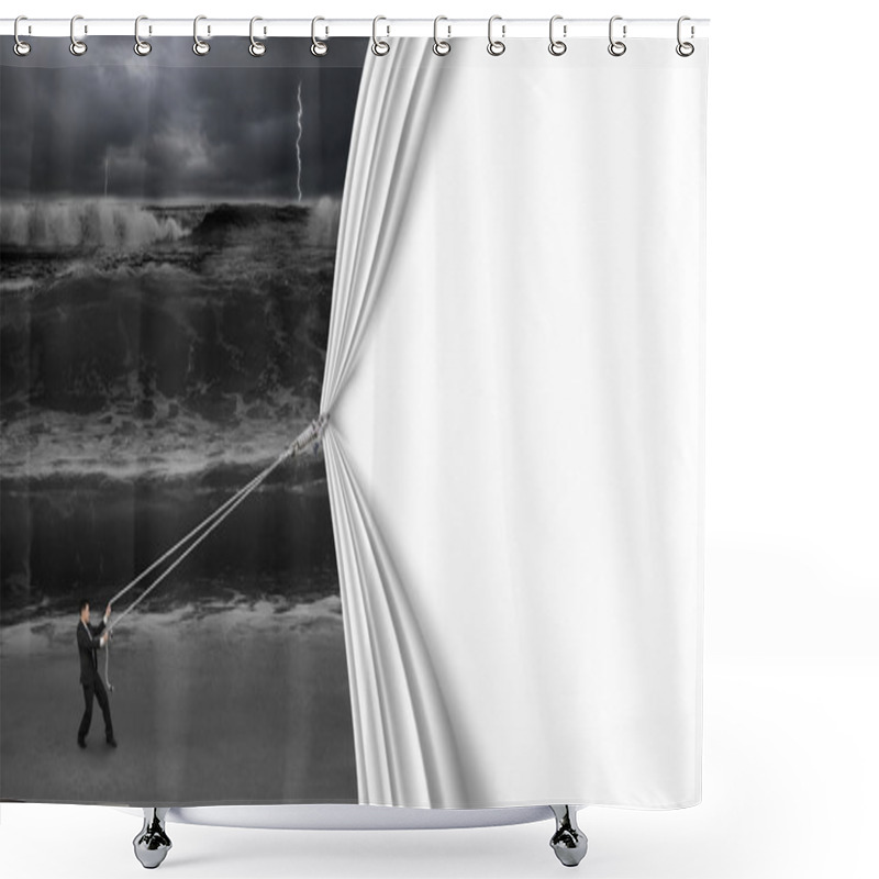 Personality  Businessman Pulling Open Blank Curtain Covered Dark Stormy Ocean Shower Curtains