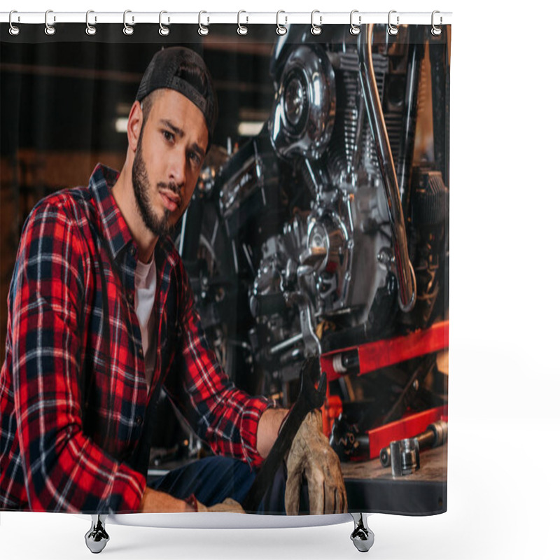 Personality  Handsome Bike Repair Station Worker With Wrench Sitting In Front Of Motorcycle And Looking At Camera Shower Curtains