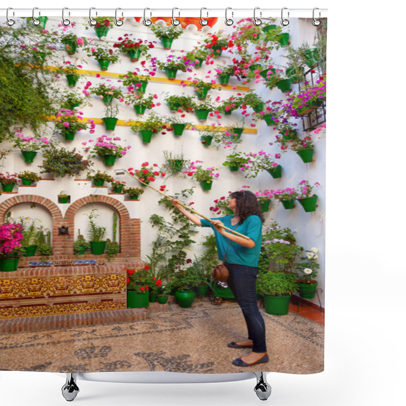 Personality   Woman Is Watering The Flowers On  Wall, Cordoba Patio Fest, Spa Shower Curtains